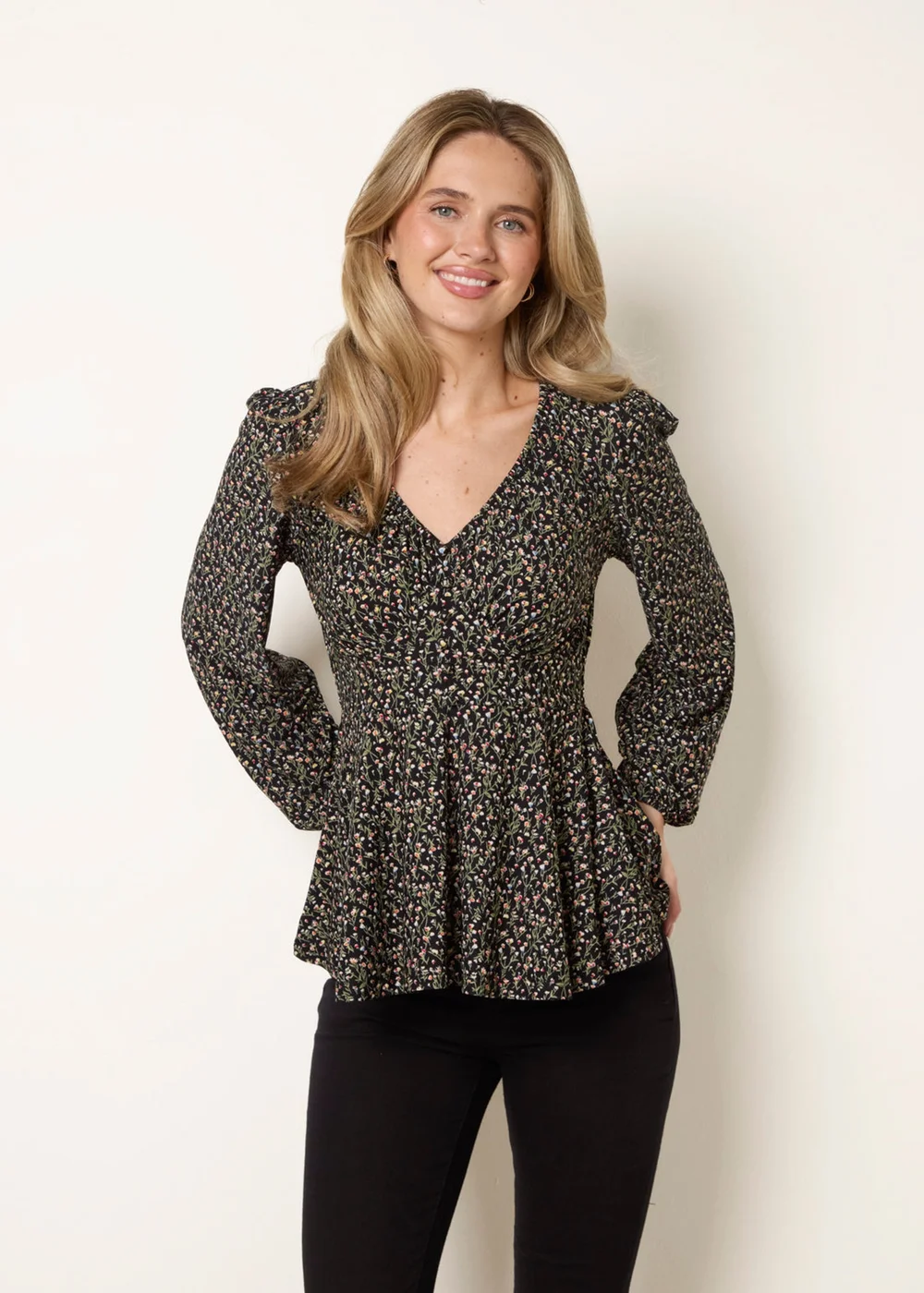 Blue Vanilla Black V Neck Button Front Peplum Top - L/XL Image 1