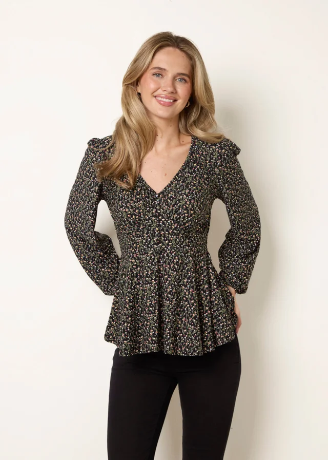 Blue Vanilla Black V Neck Button Front Peplum Top