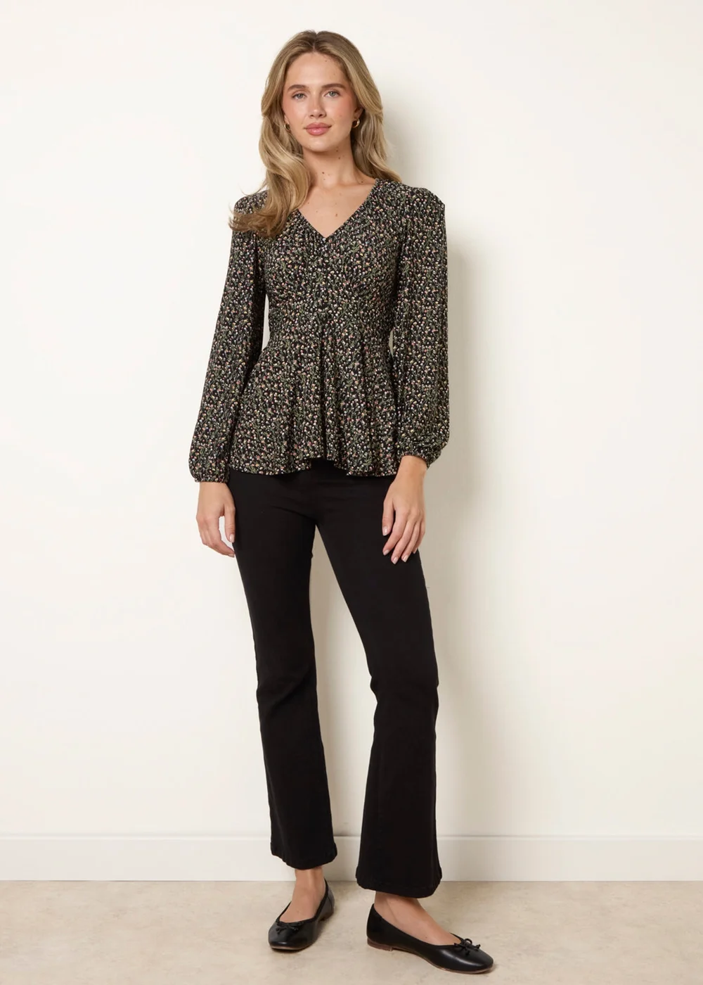 Blue Vanilla Black V Neck Button Front Peplum Top - L/XL Image 2