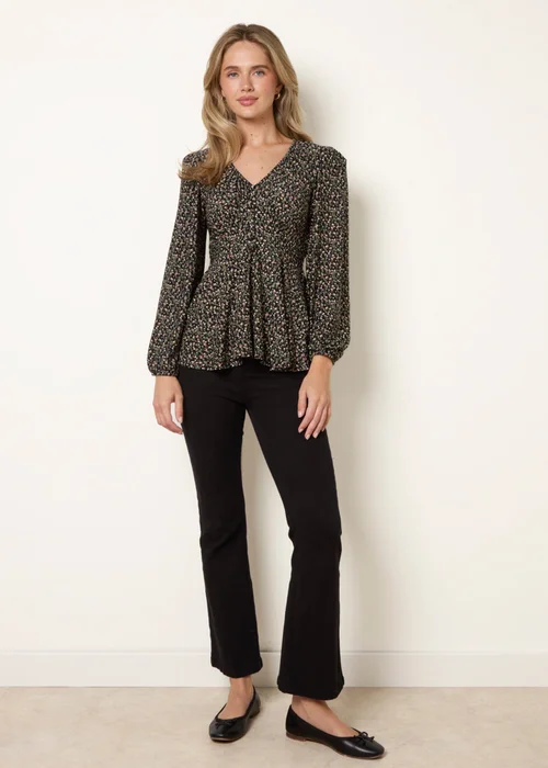 Blue Vanilla Black V Neck Button Front Peplum Top - L/XL Image 2