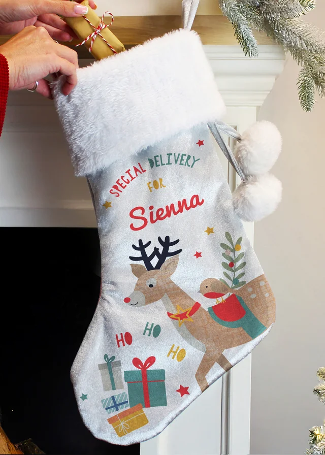 Personalised Memento Company Grey Reindeer Christmas Stocking