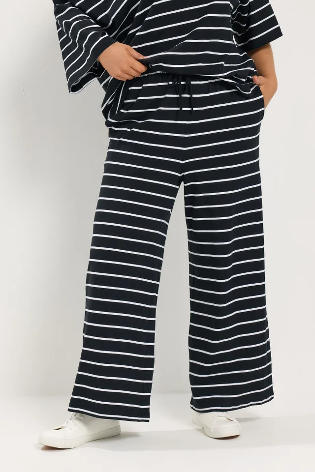 Yours Curve Black & White Striped Wide Leg Trousers