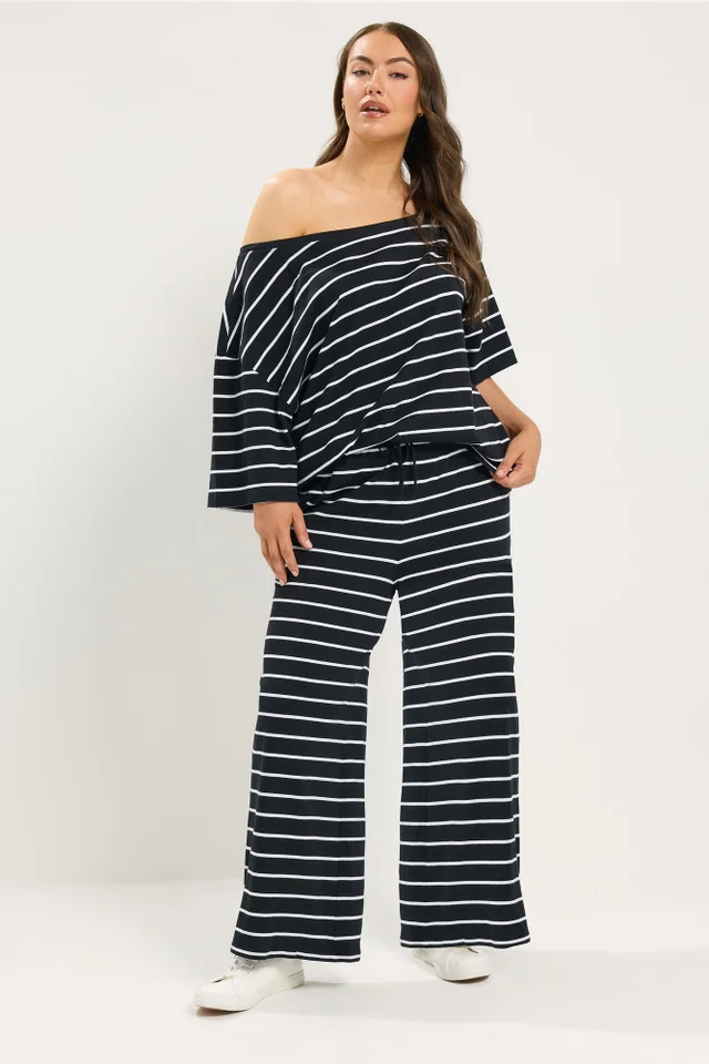 Yours Curve Black & White Striped Wide Leg Trousers