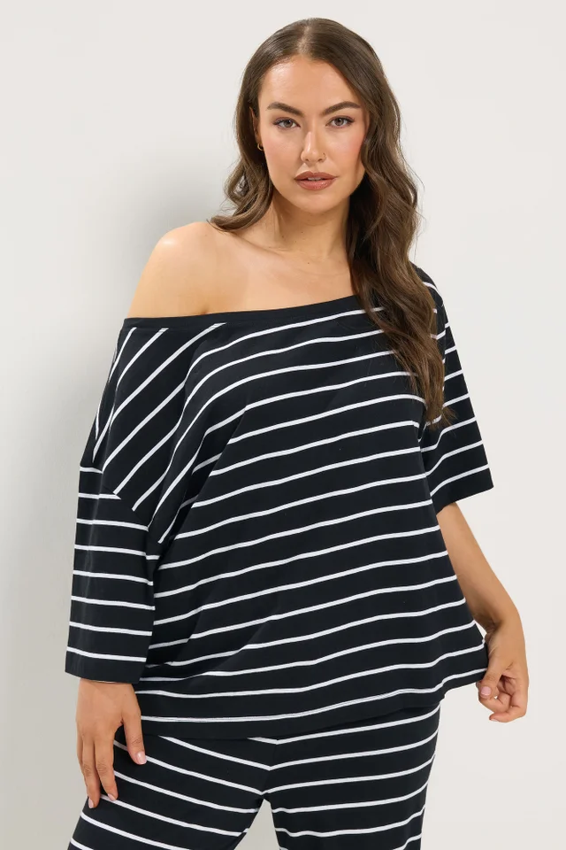 Yours Curve Black & White Stripe Off The Shoulder T-Shirt
