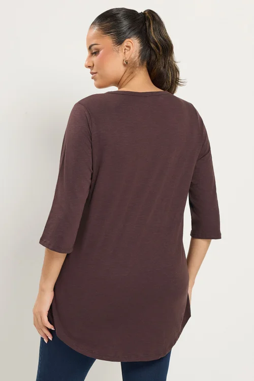 Yours Curve Chocolate Brown Pintuck Henley Top - 20 Image 3