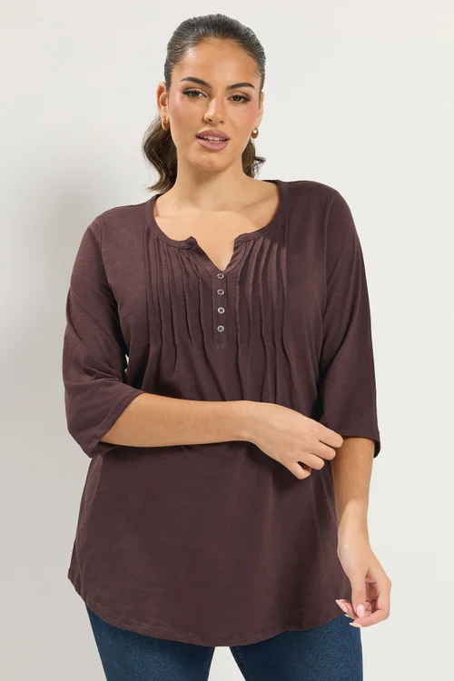 Yours Curve Chocolate Brown Pintuck Henley Top - 20 Image 1