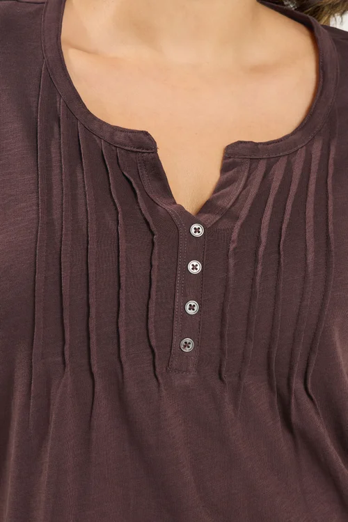 Yours Curve Chocolate Brown Pintuck Henley Top - 20 Image 4