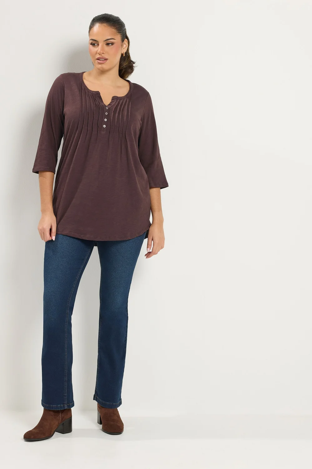 Yours Curve Chocolate Brown Pintuck Henley Top - 20 Image 2
