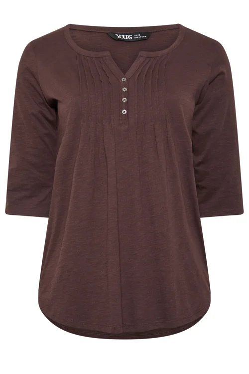 Yours Curve Chocolate Brown Pintuck Henley Top - 20 Image 5