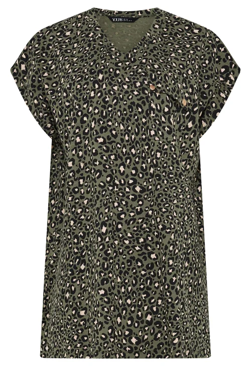 Yours Curve Khaki Green Leopard Stud Pocket T-Shirt - 18 Image 5