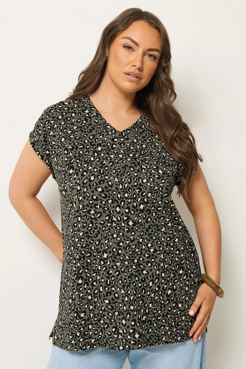 Yours Curve Khaki Green Leopard Stud Pocket T-Shirt - 18 Image 1