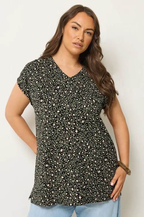 Yours Curve Khaki Green Leopard Stud Pocket T-Shirt - 18 Image 1