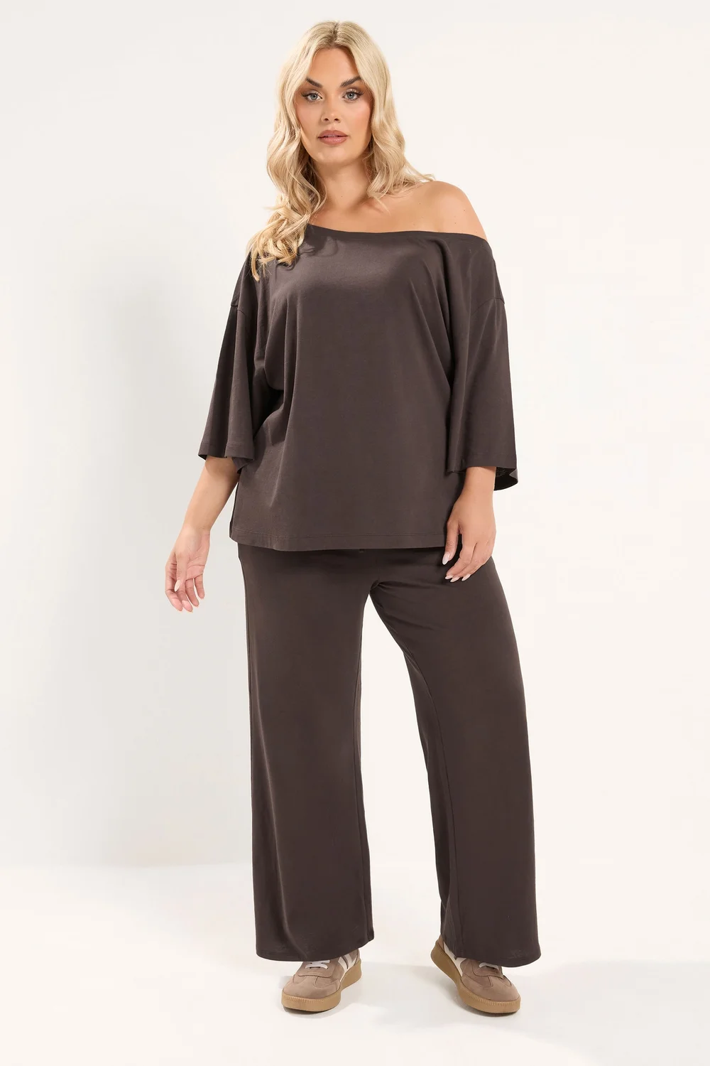 Yours Curve Chocolate Brown Slash T-Shirt & Trouser Set - 18 Image 1