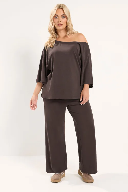 Yours Curve Chocolate Brown Slash T-Shirt & Trouser Set - 18 Image 1
