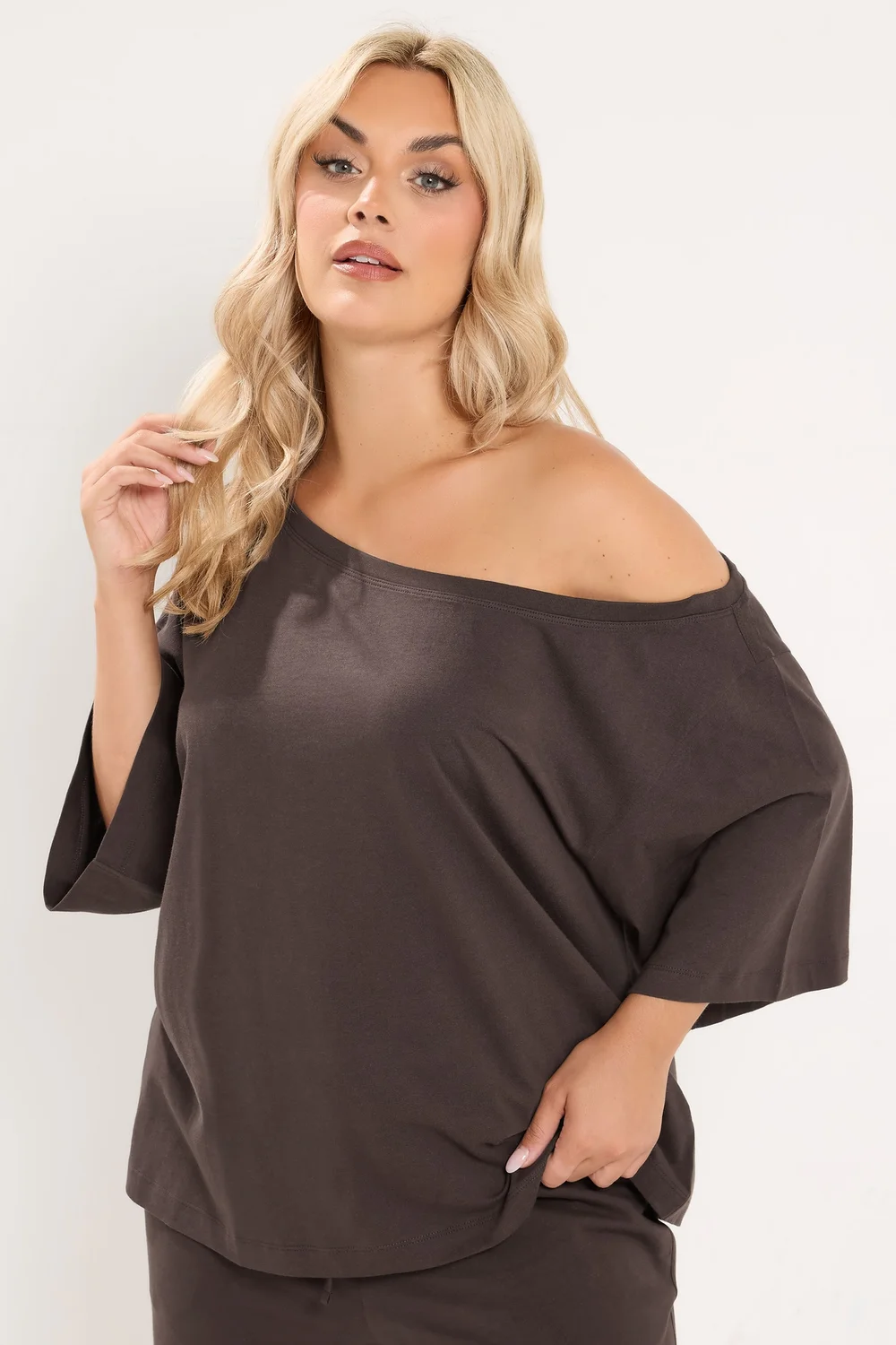 Yours Curve Chocolate Brown Slash T-Shirt & Trouser Set - 18 Image 2