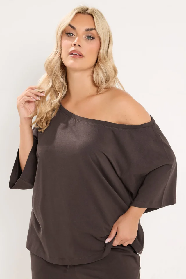 Yours Curve Chocolate Brown Slash T-Shirt & Trouser Set