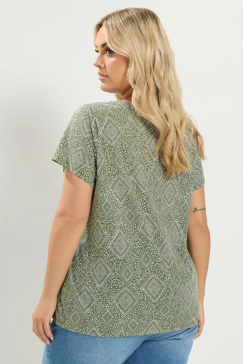 Yours Curve Khaki Green Tile Print T-Shirt - 14 Image 3