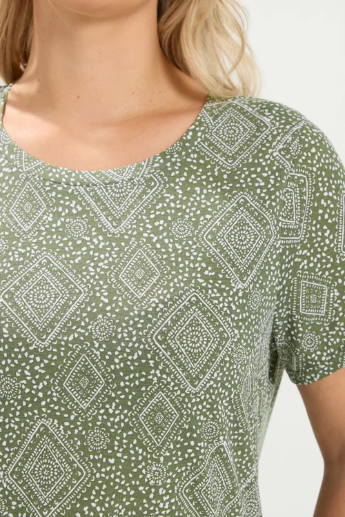 Yours Curve Khaki Green Tile Print T-Shirt - 14 Image 4