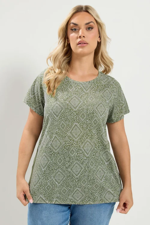 Yours Curve Khaki Green Tile Print T-Shirt - 14 Image 1