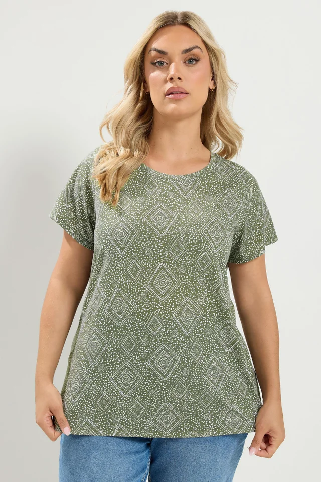 Yours Curve Khaki Green Tile Print T-Shirt