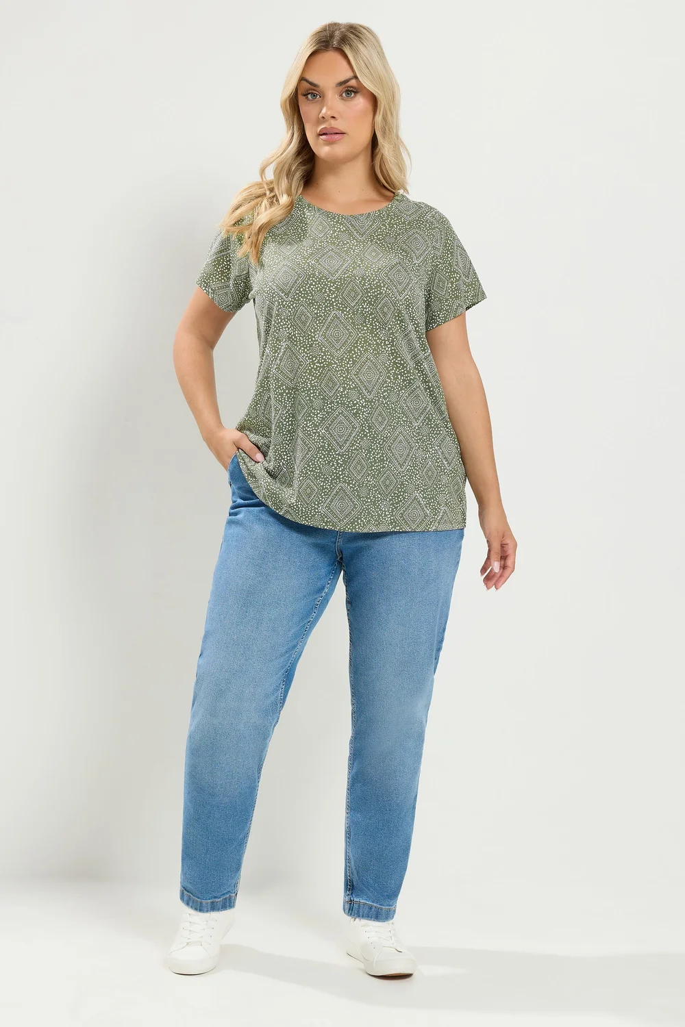 Yours Curve Khaki Green Tile Print T-Shirt - 14 Image 2