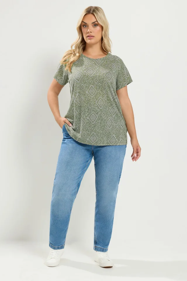 Yours Curve Khaki Green Tile Print T-Shirt