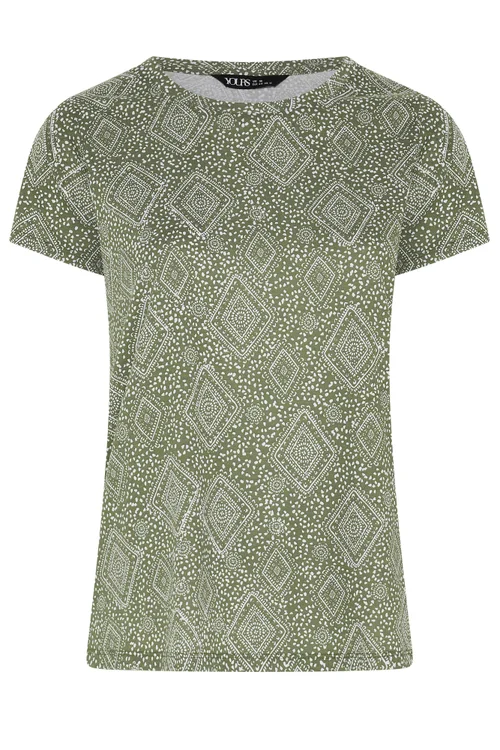 Yours Curve Khaki Green Tile Print T-Shirt - 14 Image 5