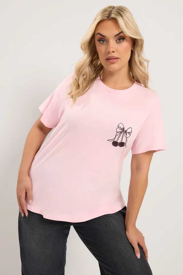 Yours Curve Pink Embroidered Bow T-Shirt