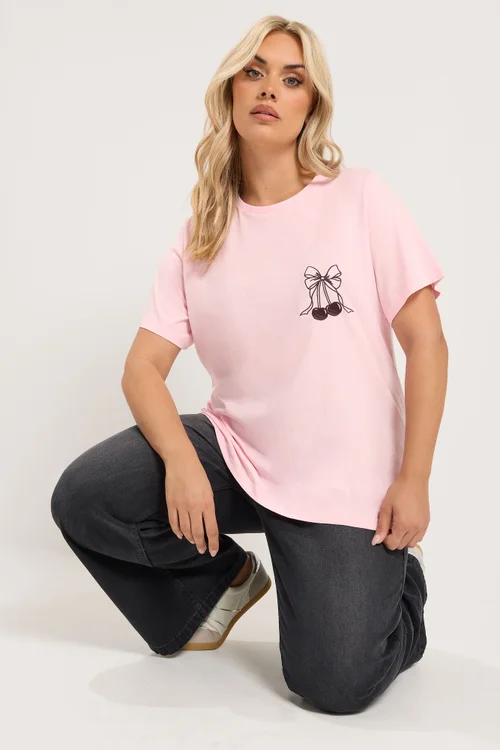Yours Curve Pink Embroidered Bow T-Shirt - 12 Image 1