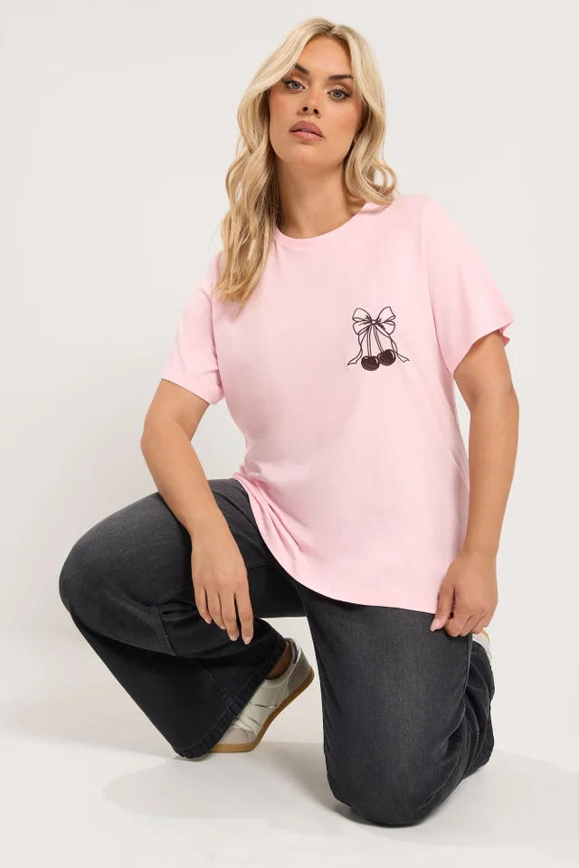 Yours Curve Pink Embroidered Bow T-Shirt