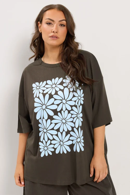 Yours Curve Chocolate Brown Floral Boxy T-Shirt - 20 Image 1