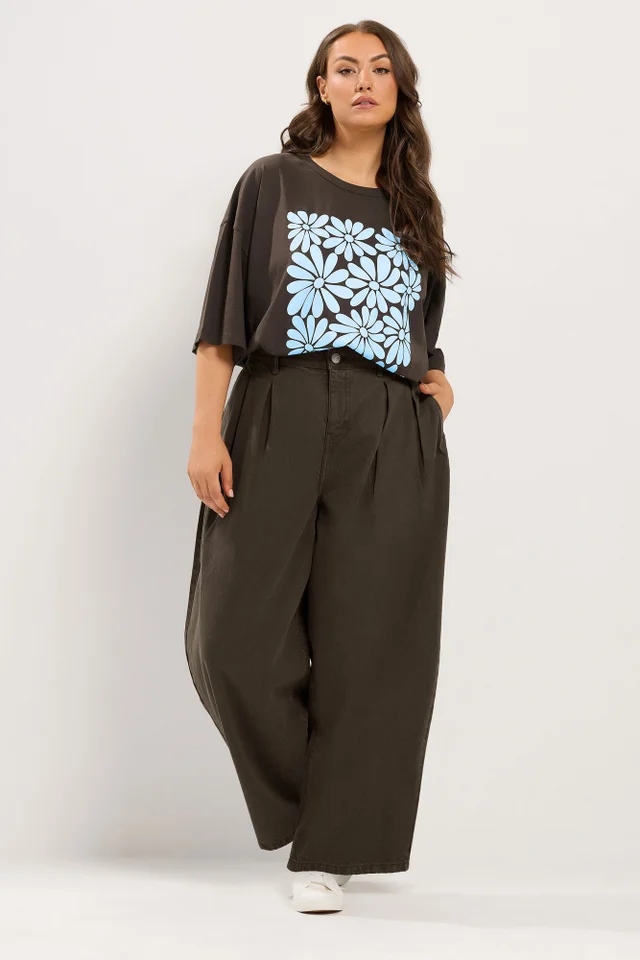Yours Curve Chocolate Brown Floral Boxy T-Shirt