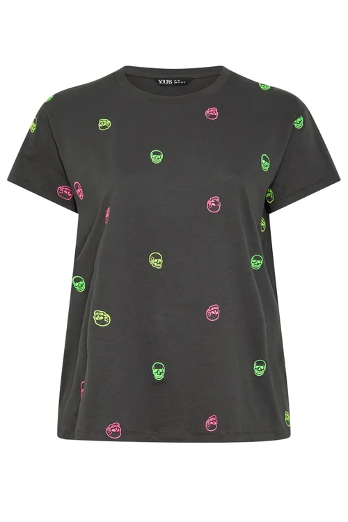 Yours Curve Grey Skull Embroidered T-Shirt - 16 Image 5
