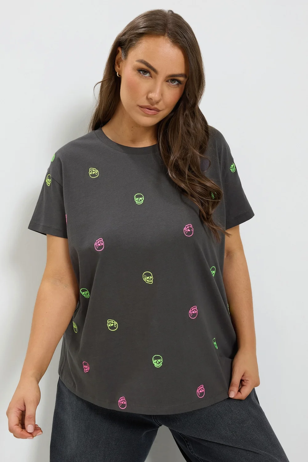 Yours Curve Grey Skull Embroidered T-Shirt - 16 Image 1