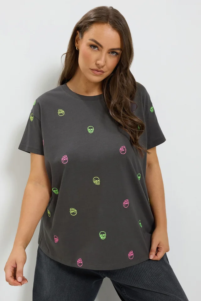 Yours Curve Grey Skull Embroidered T-Shirt