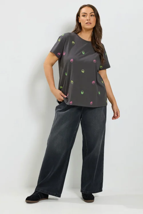 Yours Curve Grey Skull Embroidered T-Shirt - 16 Image 2