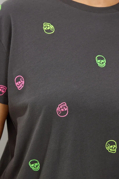 Yours Curve Grey Skull Embroidered T-Shirt - 16 Image 4