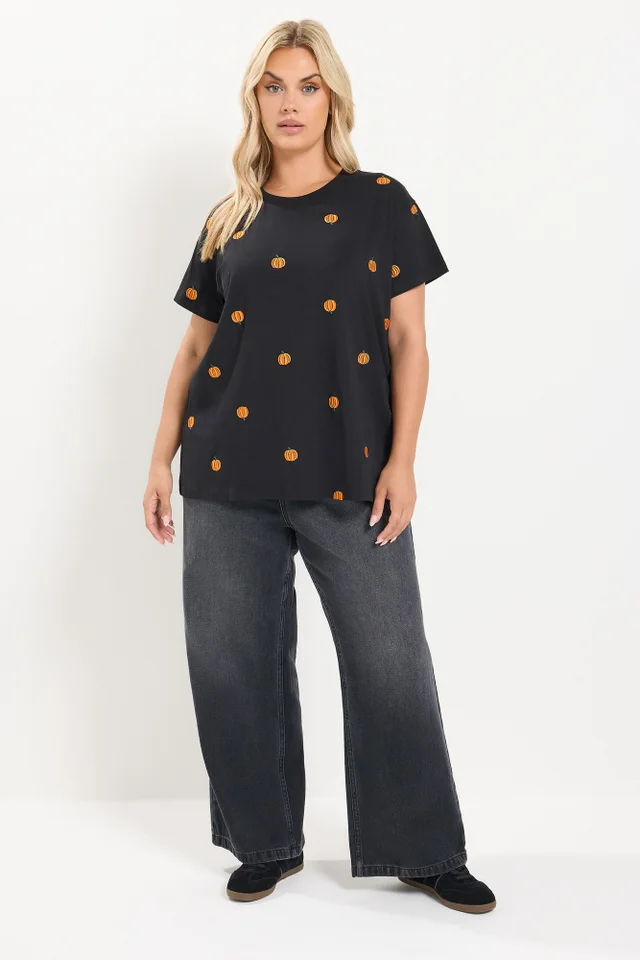 Yours Curve Black Pumpkin Embroidered T-Shirt