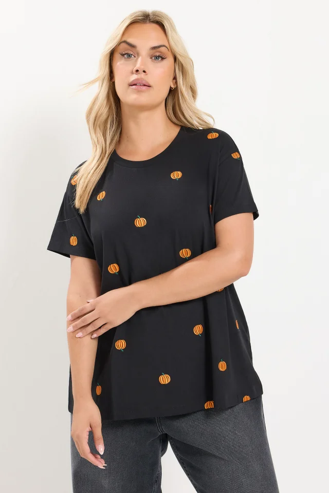 Yours Curve Black Pumpkin Embroidered T-Shirt