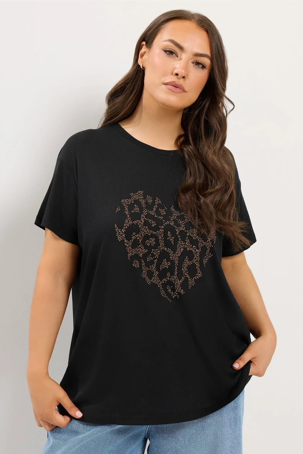 Yours Curve Black Studded Animal Heart T-Shirt - 20 Image 1