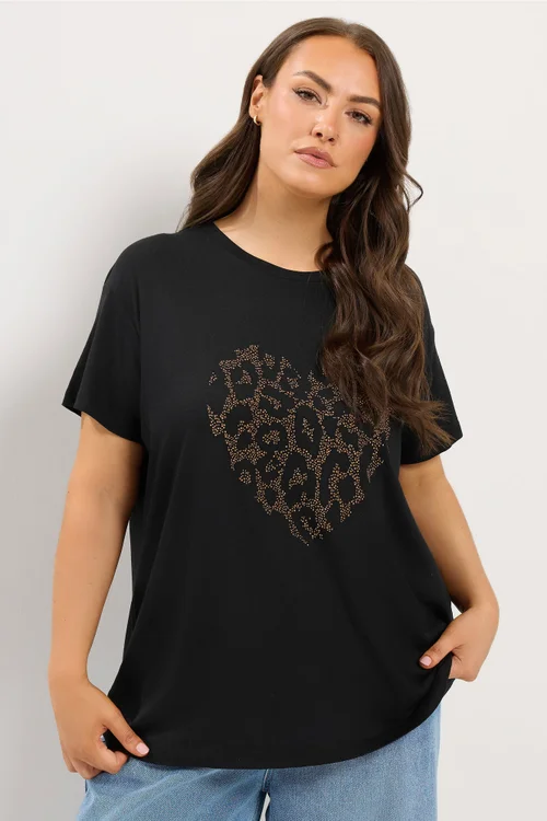 Yours Curve Black Studded Animal Heart T-Shirt - 20 Image 1