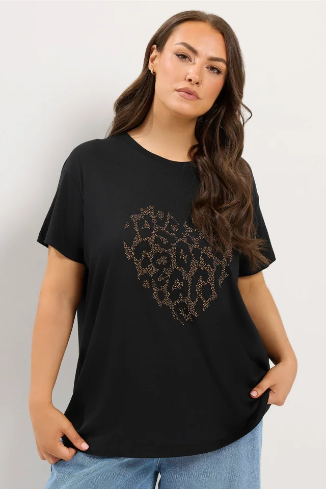 Yours Curve Black Studded Animal Heart T-Shirt