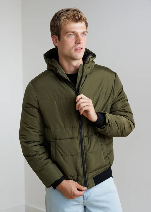 Influence Khaki Zip Through Hooded Quilted Bomber Jacket - M Image 1