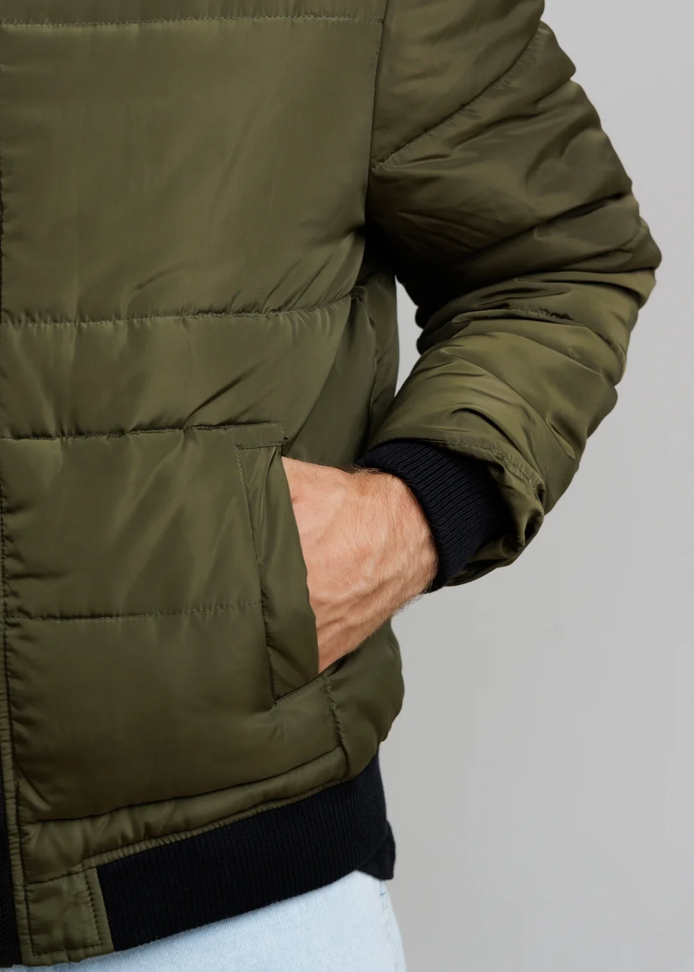 Influence Khaki Zip Through Hooded Quilted Bomber Jacket - M Image 3