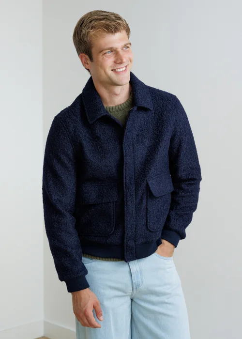 Influence Navy Boucle Textured Zip Through Collared Bomber Jacket - XL Image 5