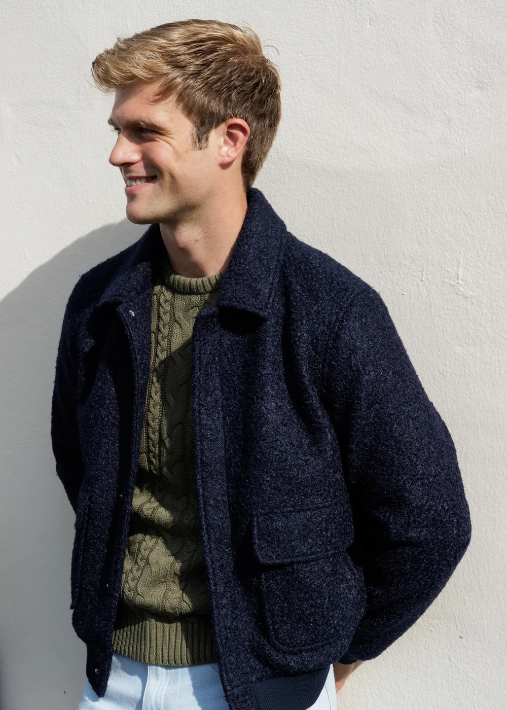 Influence Navy Boucle Textured Zip Through Collared Bomber Jacket - XL Image 1