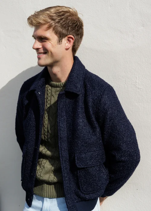 Influence Navy Boucle Textured Zip Through Collared Bomber Jacket - XL Image 1