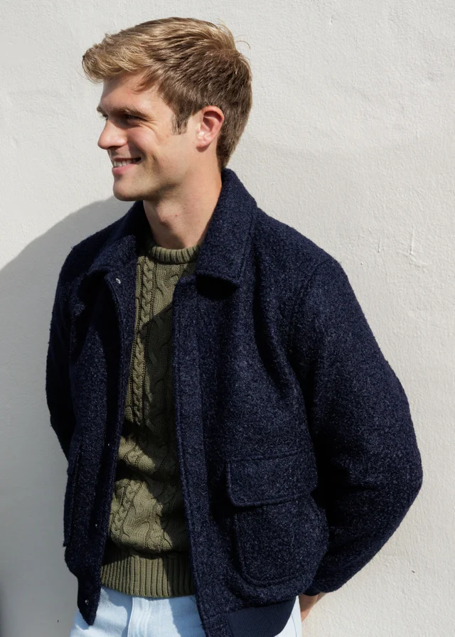 Influence Navy Boucle Textured Zip Through Collared Bomber Jacket