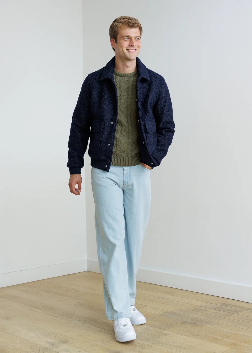 Influence Navy Boucle Textured Zip Through Collared Bomber Jacket - XL Image 4