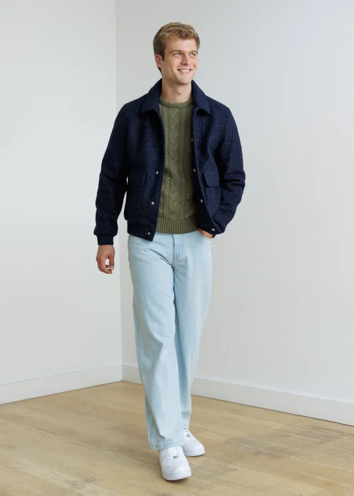 Influence Navy Boucle Textured Zip Through Collared Bomber Jacket - XL Image 4